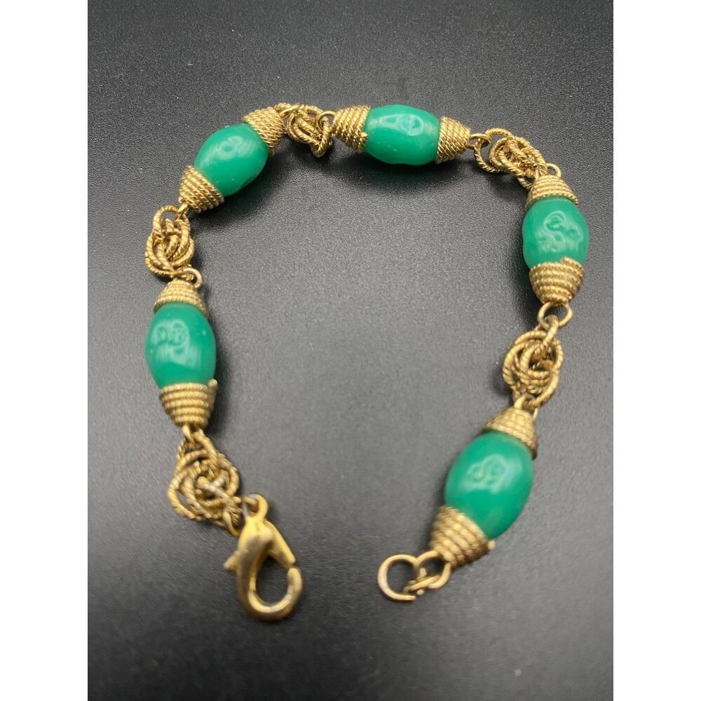 Vintage Bracelet Gold Wire Wrapped Green Glass Bead Knot Accent Lobster Clasp - Picture 4 of 9